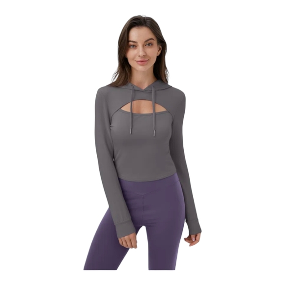 HALARA Tops - NWT Hooded Drawstring Cut Out Cropped Granite Gray Sweatshirt Size Large
